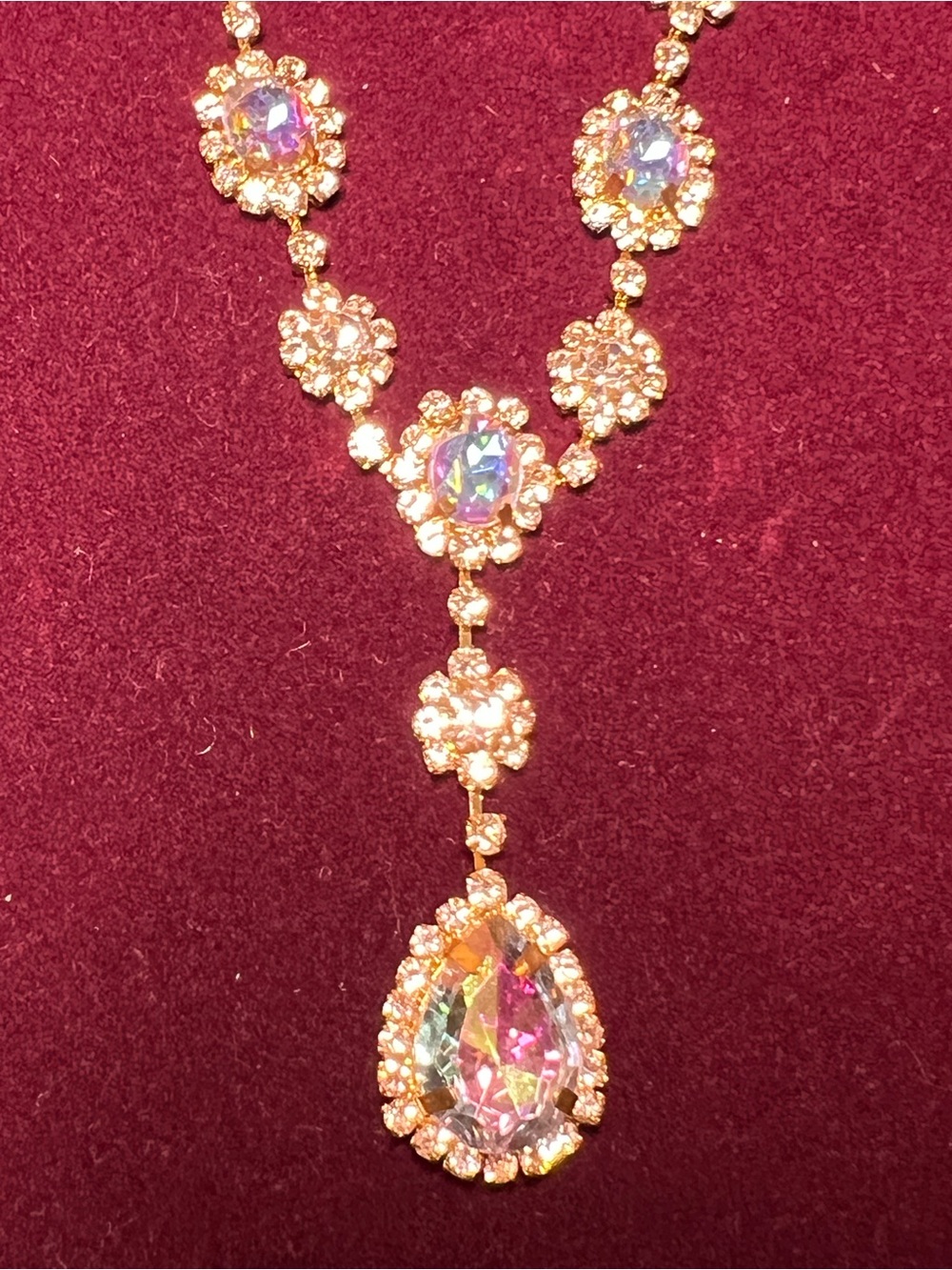 Aurora Crystal Drop Pendant Necklace w/  Graduated Crystal Clusters & Rhinestone